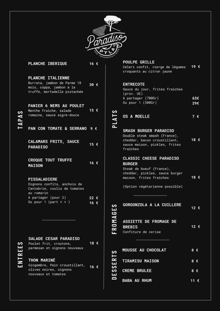 La carte du Club Paradiso — juillet 2026
