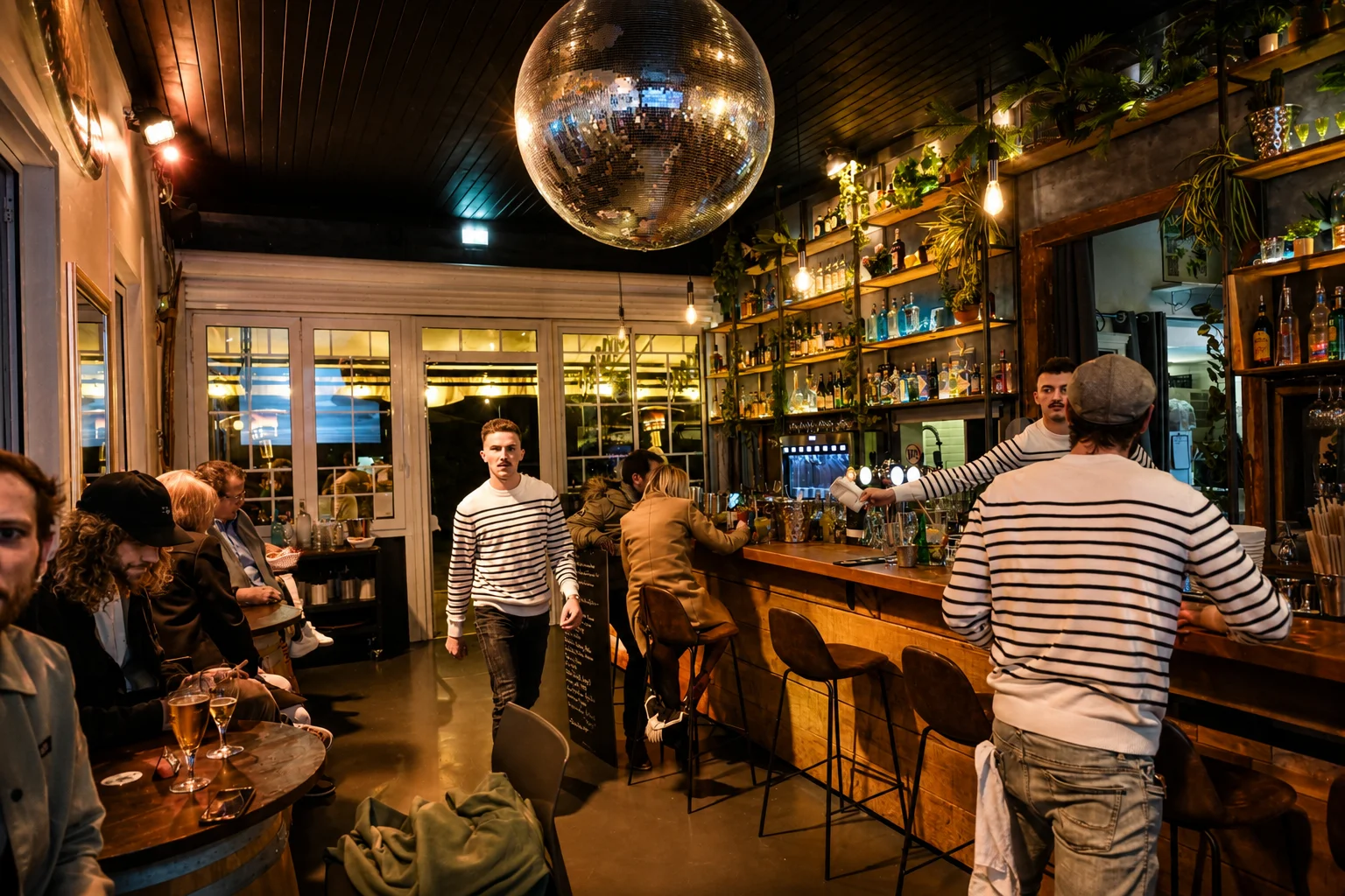 Interieur du Club Paradiso au Pyla, bar en bois et boule a facettes