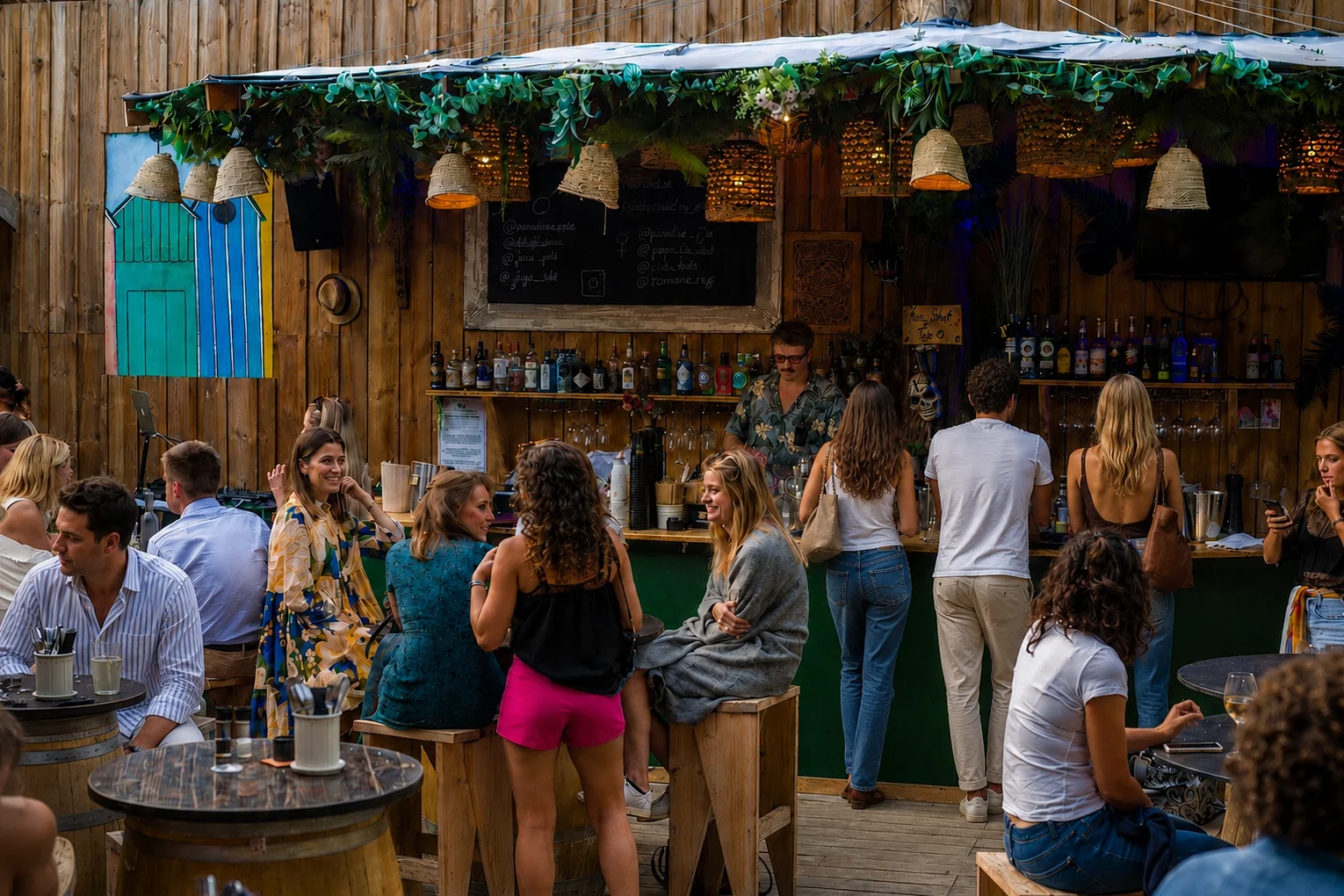 La Pousada, bar du jardin du Club Paradiso au Pyla-sur-Mer, clients attables sous la treille