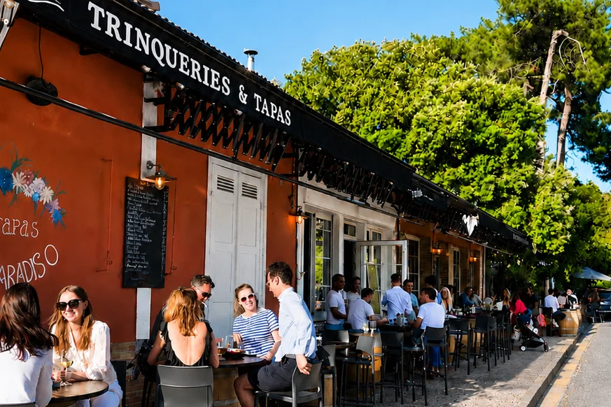 La terrasse du Club Paradiso au Pyla, tables et tonneaux devant l enseigne Trinqueries et Tapas
